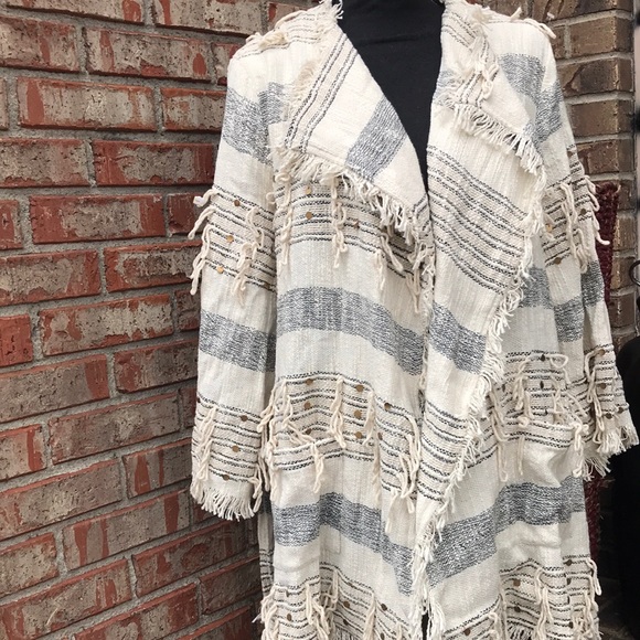 🚨B2G1 WORLD MARKET Cream Blue Gold Fringed Sequined Cardigan - Picture 2 of 9